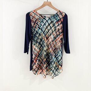 LOGO Lori Goldstein Plaid Contrast Tunic Blue Size Small